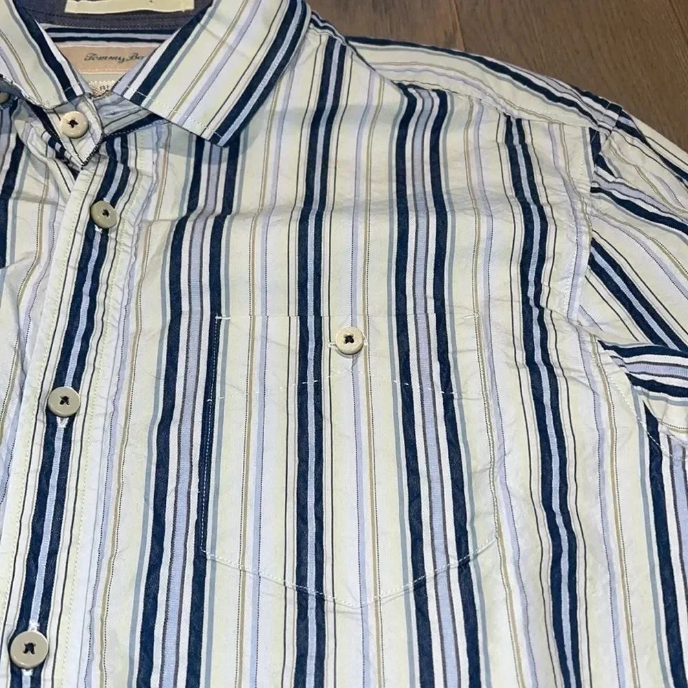 Tommy Bahama Men Size L White Blue Stripe Cotton Silk Shirt - Picture 4 of 10